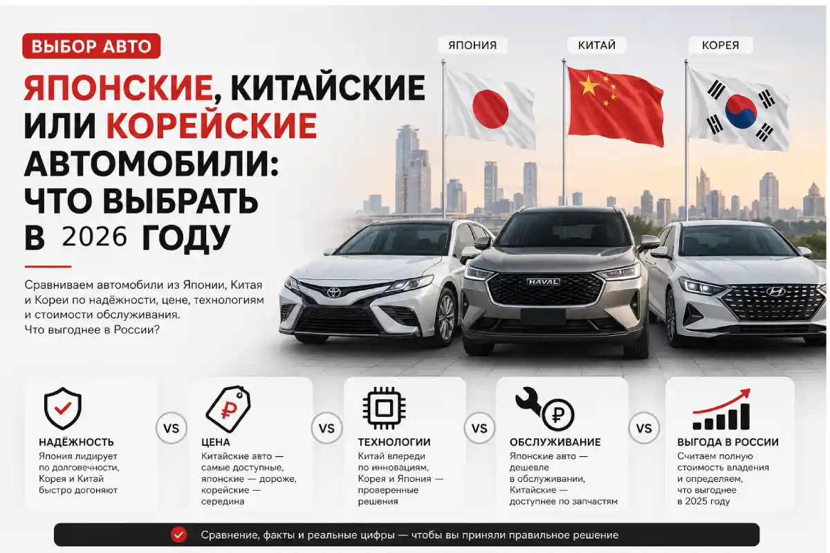 Сравнение японских, китайских и корейских автомобилей — что выбрать в 2026 году